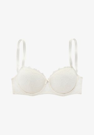 Weißer Spitzen-Bügel-BH mit verstellbaren Doppelträgern und gezackten Rändern, ausgestattet mit einer kleinen zentralen Schleife und zarten Blumenmustern.