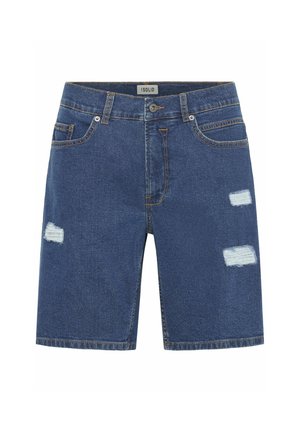 Traperice kratke hlače u tamnoplavoj boji s klasičnim krojem, s iznošenim detaljima sprijeda i kontrastnim šavovima. Dizajn s pet džepova.