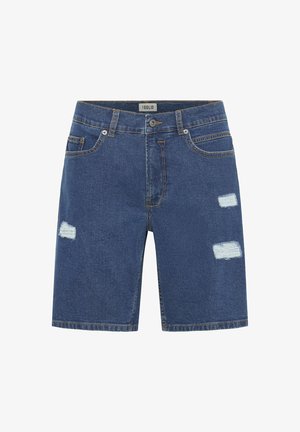 Sötétkék denim rövidnadrág klasszikus szabással, elől megkopott részletekkel és kontrasztos öltésekkel. Öt zsebes kialakítás.