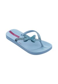 Sandalo infradito blu in gomma, con una soletta testurizzata e un accento di fiocco blu glitterato sulla fascia. Etichetta del marchio rosa visibile.