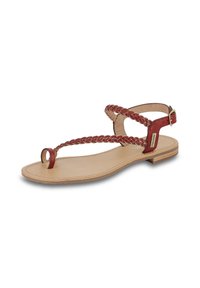 Sandalo rosso in pelle con cinturini intrecciati, punta aperta e cinturino alla caviglia regolabile. Suola piatta con soletta beige chiaro e dettaglio in metallo dorato.