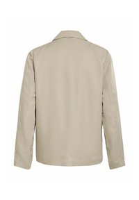 Chaqueta beige de manga larga con cuello de muesca y corte recto. Tejido suave con costuras mínimas, diseñada con una silueta limpia y simple.