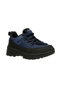 Scarpa da trekking blu navy con accenti neri, tomaia in tessuto testurizzato, punta arrotondata, suola in gomma spessa con un motivo di battistrada robusto e design con lacci.