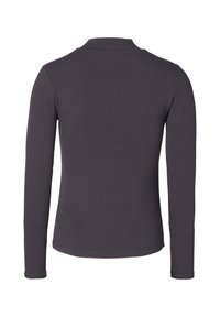 Dunkelgraues Langarmshirt mit gerippter Struktur und hohem Kragen. Verfügt über eng anliegende Ärmel und einen geraden Saum.