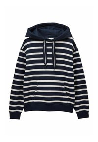 Námořnická a bílá pruhovaná mikina s kapucí, přední klokankovou kapsou, s tkaničkou na kapuci a žebrovými manžetami a lemem.