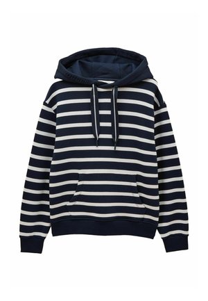 Námořnická a bílá pruhovaná mikina s kapucí, přední klokankovou kapsou, s tkaničkou na kapuci a žebrovými manžetami a lemem.