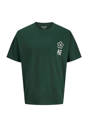 Mørkegrøn t-shirt med korte ærmer med hvidt kirsebærblomstermotiv og japansk tegn på venstre brystområde.