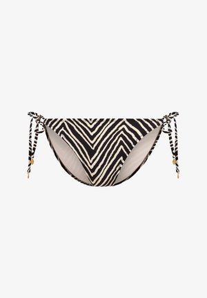 Schwarzer und weißer Bikiniunterteil mit Zebra-Streifen und verstellbaren Seitenschnüren. Verfügt über goldene Akzente an den Schnüren und eine glatte Textur.