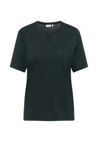 Chemise à manches courtes vert foncé avec boutons, encolure ronde et petit col en V, design uni, style unisexe.