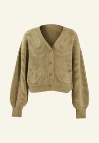 Chunky gerippter Strickcardigan in Beige mit V-Ausschnitt, fünf Knöpfen und zwei Fronttaschen. Verfügt über übergroße Ärmel und ein kurzes Design.