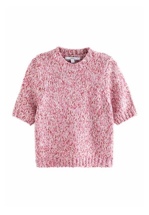Kurzärmeliger Pullover in pink und weißem strukturiertem Strick. Mit Rundhalsausschnitt und geripptem Saum für eine figurbetonte Passform.