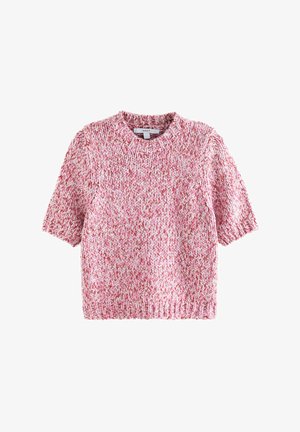 Rohkjärgne roosa ja valge tekstuuriga kudum. Omab ümmargust kaelust ja soonikkoes äärist, mis tagab täpse istuvuse.