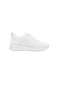 White athletic sneaker with a mesh upper, round toe, and subtle perforated detailing. Features a white rubber sole and a silver accent on the heel.
