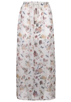Jupe midi blanche transparente avec imprimé floral multicolore, papillon et libellule, taille élastique et liens blancs à nouer à l'avant.