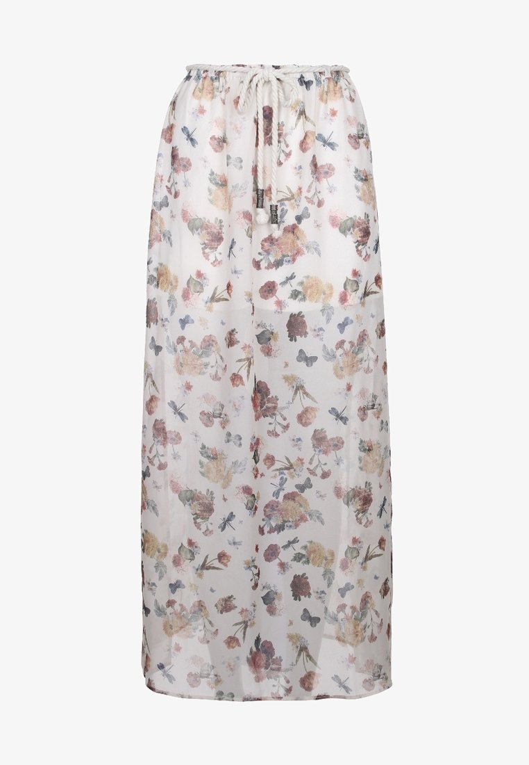 Jupe midi blanche transparente avec imprimé floral multicolore, papillon et libellule, taille élastique et liens blancs à nouer à l'avant.