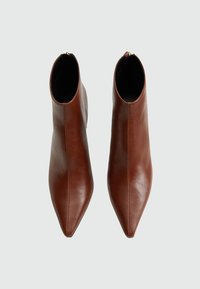 Bottes basses en cuir marron avec un bout pointu et une texture lisse. Fermeture éclair à l'arrière, design minimaliste et silhouette élégante.