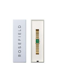 Gold Mesh-Armbanduhr mit rechteckigem grünen Zifferblatt, verpackt in einer weißen Box mit der Aufschrift "ROSEFIELD". Minimalistisches Design und elegante Oberflächenveredelung.
