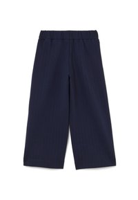 Marineblauwe pinstriped wijde broek met een elastische tailleband, gemaakt van een gladde stof. Kenmerken zijn een rechte snit en schone zoom.