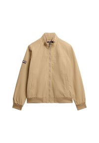 Beige letvægtsjakke med stående krave, lynlåsåbning, to sidelommer og elastiske manchetter. Glat tekstur med et minimalistisk design.