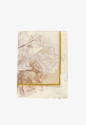 Jasnobeżowy szalik z brązowym wzorem liści i cienką żółtą obwódką. Miękka w dotyku, lekka i przezroczysta tkanina.