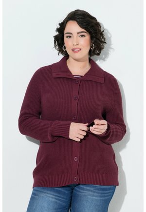 Kvinde med kort krøllet hår iført hoop-øreringe og en knappet vinrød strikket cardigan over blå jeans, stående mod en hvid baggrund.