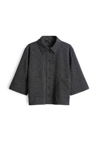 Dunkelgraue, kurzärmlige Hemdbluse aus strukturiertem Stoff mit Kragen und fünf vorderen Knöpfen, mit einer kastigen Silhouette.