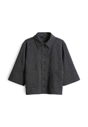 Dunkelgraue, kurzärmlige Hemdbluse aus strukturiertem Stoff mit Kragen und fünf vorderen Knöpfen, mit einer kastigen Silhouette.