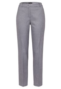 Pantalons à carreaux gris et blancs avec une coupe ajustée, dotés d'un devant plat, de passants de ceinture et d'une coupe droite. Texture lisse sur toute la surface.