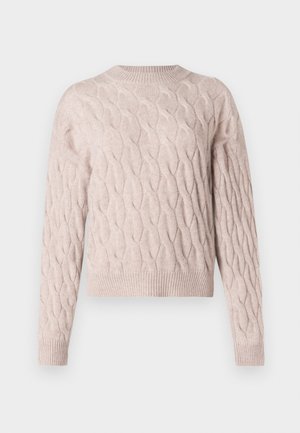 Light pink knitted sweater with a textured cable pattern, round neckline, and ribbed cuffs. Cropped design with long sleeves.