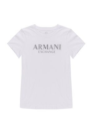 T-shirt bianca in cotone con logo argentato "ARMANI EXCHANGE" in un font audace e moderno, dotata di scollatura a girocollo e maniche corte.