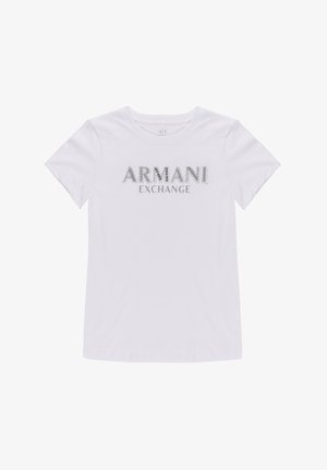 T-shirt bianca in cotone con logo argentato "ARMANI EXCHANGE" in un font audace e moderno, dotata di scollatura a girocollo e maniche corte.