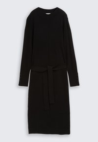 Vestido midi negro de manga larga con cuello redondo, puños abotonados y un cinturón de tela a juego atado en la cintura.