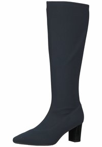 Knee-high, ciemnoniebieski but z materiału z ostrym czubkiem i słupkowym obcasem. Gładka tekstura z delikatnymi detalami wzdłuż szwów.