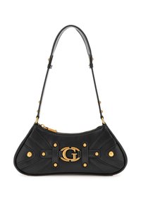 Sort læderhåndtaske med et gyldent logo, rundet design og pyntet med gyldne nitter og syningsdetaljer. Justerbar skulderrem.