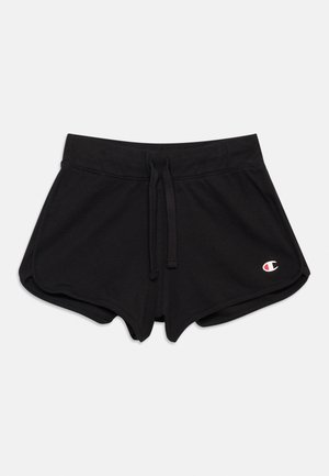Shorts de sport noirs avec taille à cordon et ourlet incurvé, arborant un petit logo Champion sur la partie inférieure de la jambe droite.