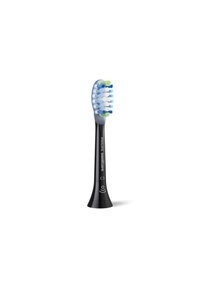 Tête de brosse à dents électrique noire avec des poils bleus et verts, présentant une forme contournée et une prise texturée. Marquée "Philips Sonicare C3."
