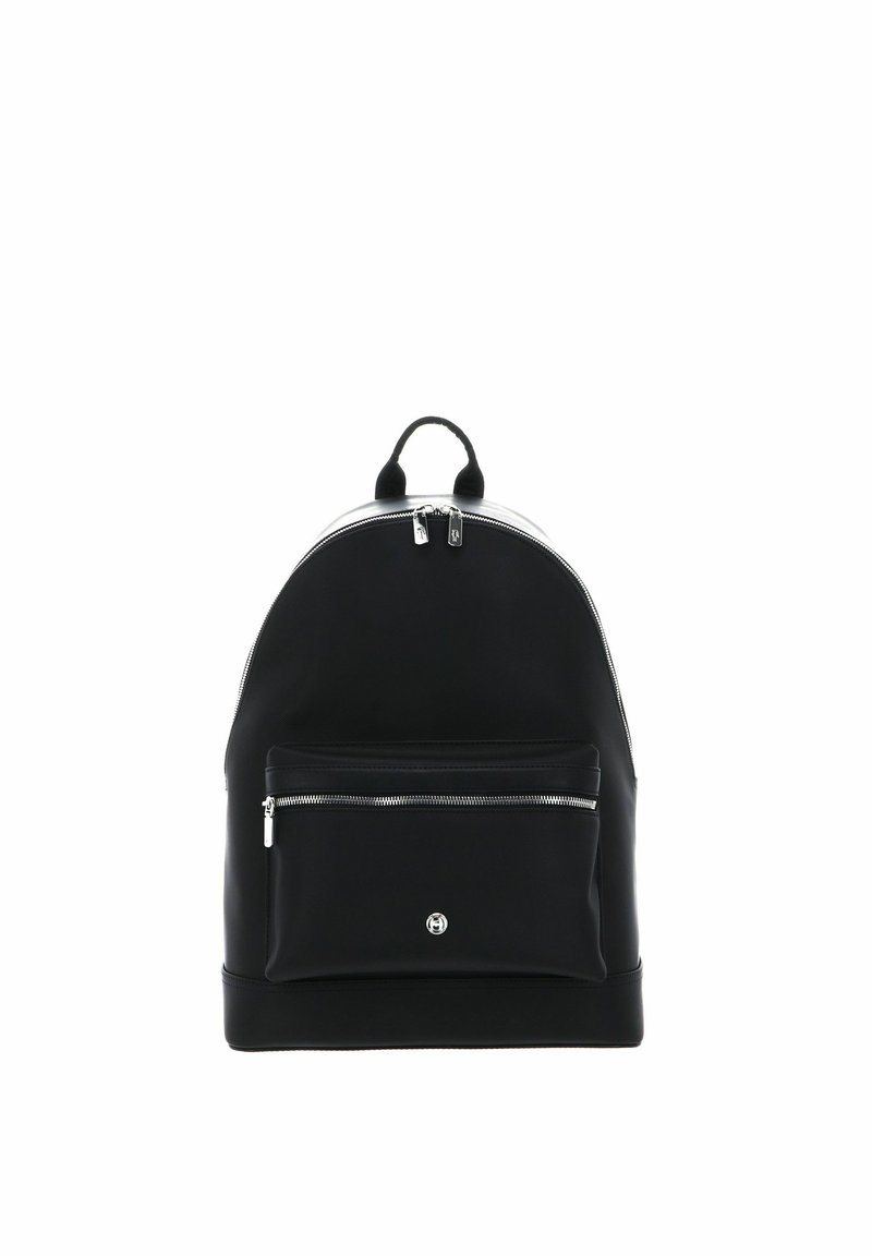 Black backpack with a rounded shape, smooth material, front zip pocket, and silver hardware details. Features a top handle for carrying.