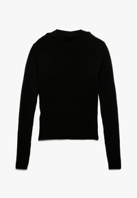 Suéter negro de punto acanalado con mangas largas y cuello alto, que presenta un diseño ajustado y una textura suave. Se muestra la vista trasera.