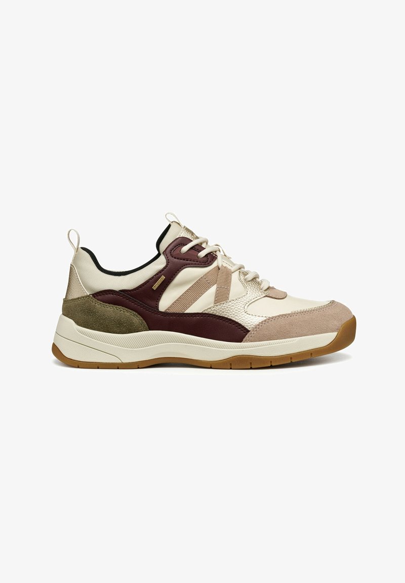 Sporty sneaker featuring a mix of cream, burgundy, and olive suede and mesh panels, with a textured outsole and lace-up design.