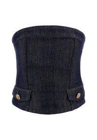 Donker denim korset met gestructureerde vorm, voorzien van zijknopen en een nauwsluitend ontwerp. Textuurstof met een visgraatpatroon.