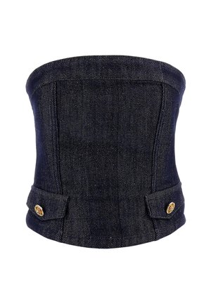 Corsé de denim oscuro con forma estructurada, que presenta botones laterales y un diseño ajustado. Tejido texturizado con un patrón de espiga.