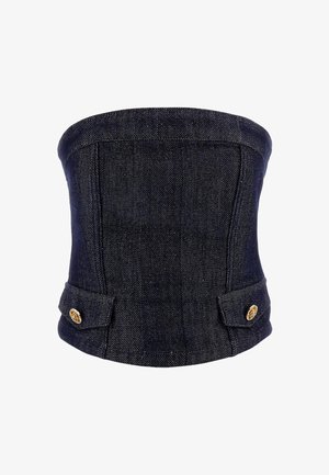 Corsé de denim oscuro con forma estructurada, que presenta botones laterales y un diseño ajustado. Tejido texturizado con un patrón de espiga.