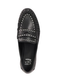 Black leather slip-on shoe with stud accents, elastic gather at the opening, and a cushioned insole, featuring a rounded toe design.