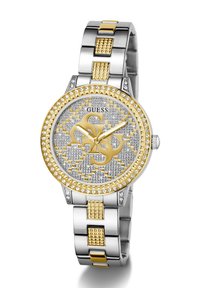 Gold and silver metal watch featuring a textured dial with a pattern, embellished with crystals, and a gold-accented stainless steel band.