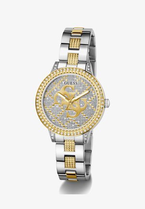 Gold and silver metal watch featuring a textured dial with a pattern, embellished with crystals, and a gold-accented stainless steel band.