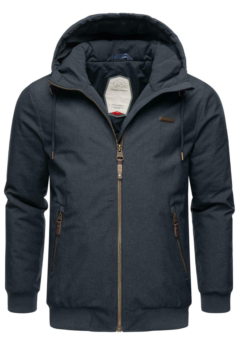 Navy blue hooded jacket with a zip front, two side pockets, ribbed cuffs, and a lined interior. Features a visible brand label.