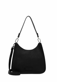 Schwarze Lederhandtasche mit strukturierten Oberflächen, im Hobo-Stil, kurzen Griff und abnehmbarem langen Riemen. Mit silbernen Hardware-Details.