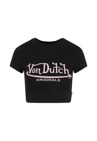 Čierne skrátené tričko s krátkymi rukávmi vyrobené z bavlny, s ružovým potlačeným logom "Von Dutch" a "ORIGINALS" na prednej strane.