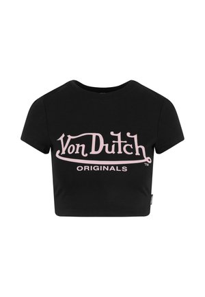 Čierne skrátené tričko s krátkymi rukávmi vyrobené z bavlny, s ružovým potlačeným logom "Von Dutch" a "ORIGINALS" na prednej strane.