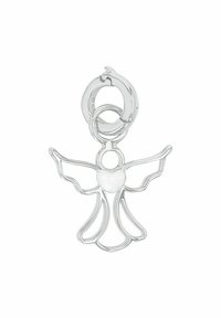 Charm in argento a forma di angelo con un centro a forma di cuore, caratterizzato da un intricato design delle ali e del corpo, e un anello circolare per il fissaggio.